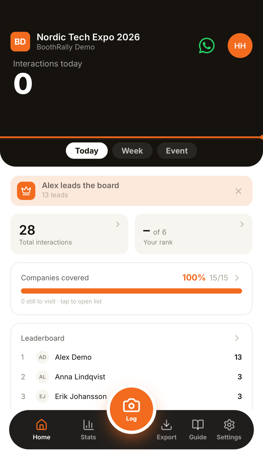 Current BoothRally fair screen showing interactions and the team leaderboard