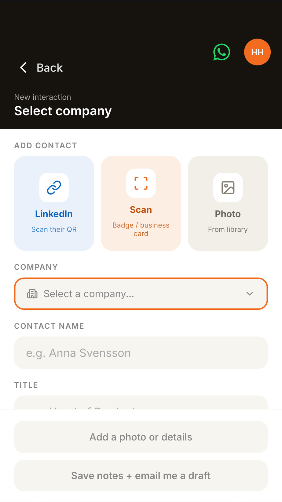 Current BoothRally contact capture screen with LinkedIn, Scan and Photo options